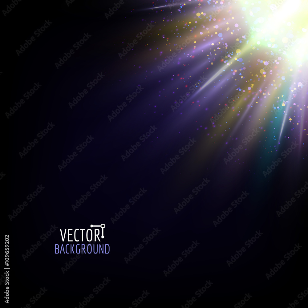 Vector abstract light. Bright glowing on dark background. Shiny sun light effect.