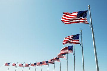 USA flags in a row waving in the wind