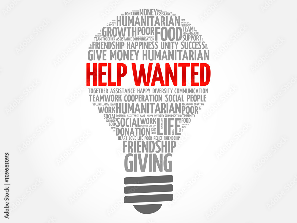 Help Wanted bulb word cloud collage concept Help Wanted bulb word cloud collage concept