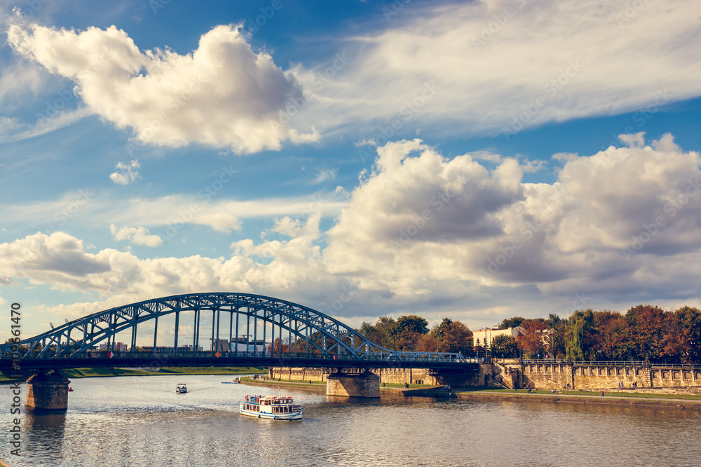 Vintage look of Vistula River in the historic city center of Krakow, Poland