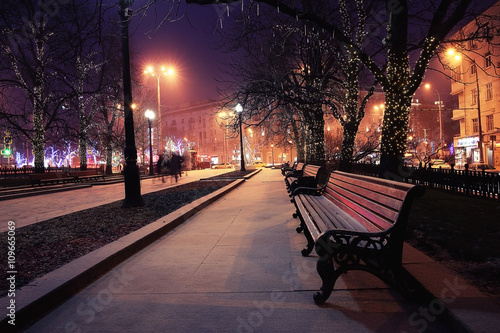winter landscape with views of the city bench snowfall recreation concept