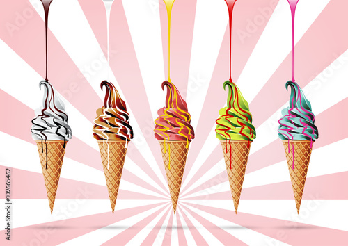 Colorful Ice cream in the cone, Different syrup, chocolate, Vector