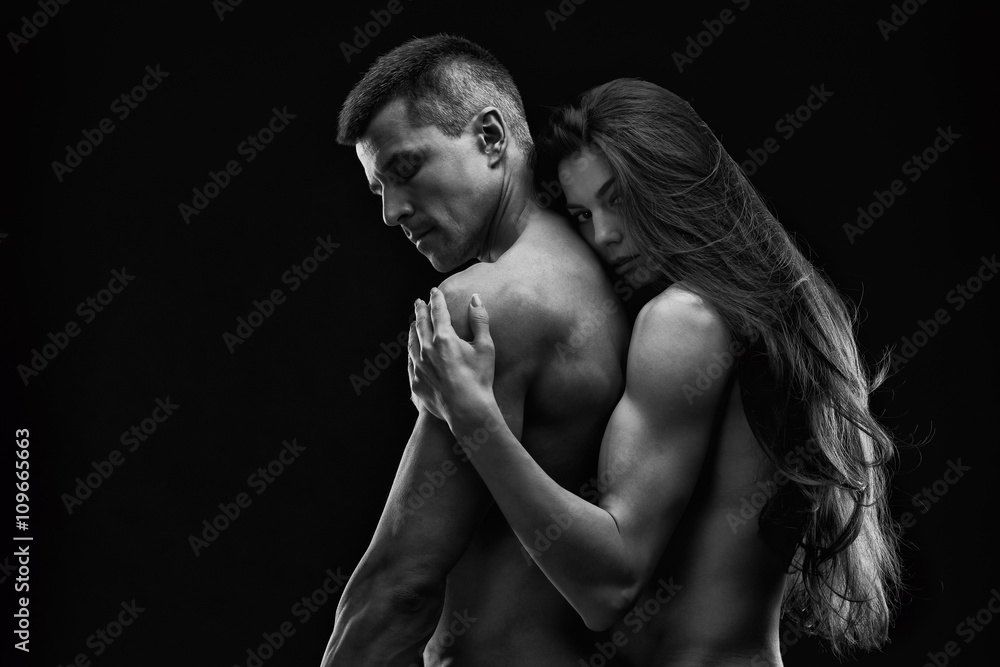 Nude sexy couple. Art photo of young adult man and woman. High contrast  black and white muscular naked body foto de Stock | Adobe Stock