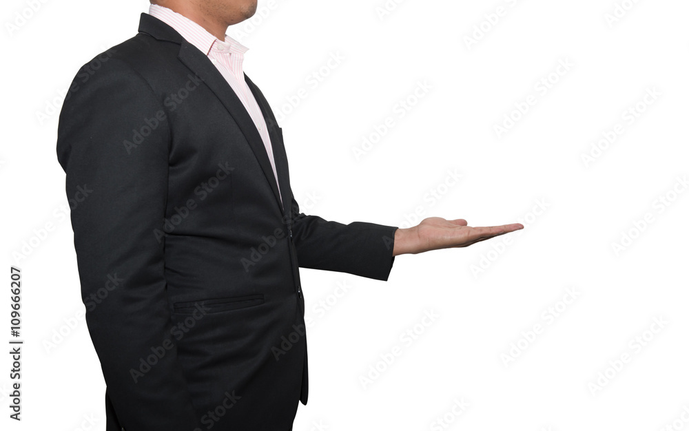 business man showing something on his hand isolated on white ba business man showing something on his hand isolated on white ba