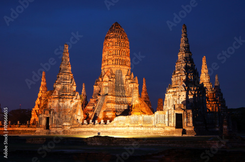 Light up, Wat Chaiwattanaram , the historical temple in Ayutthaya, Thailand