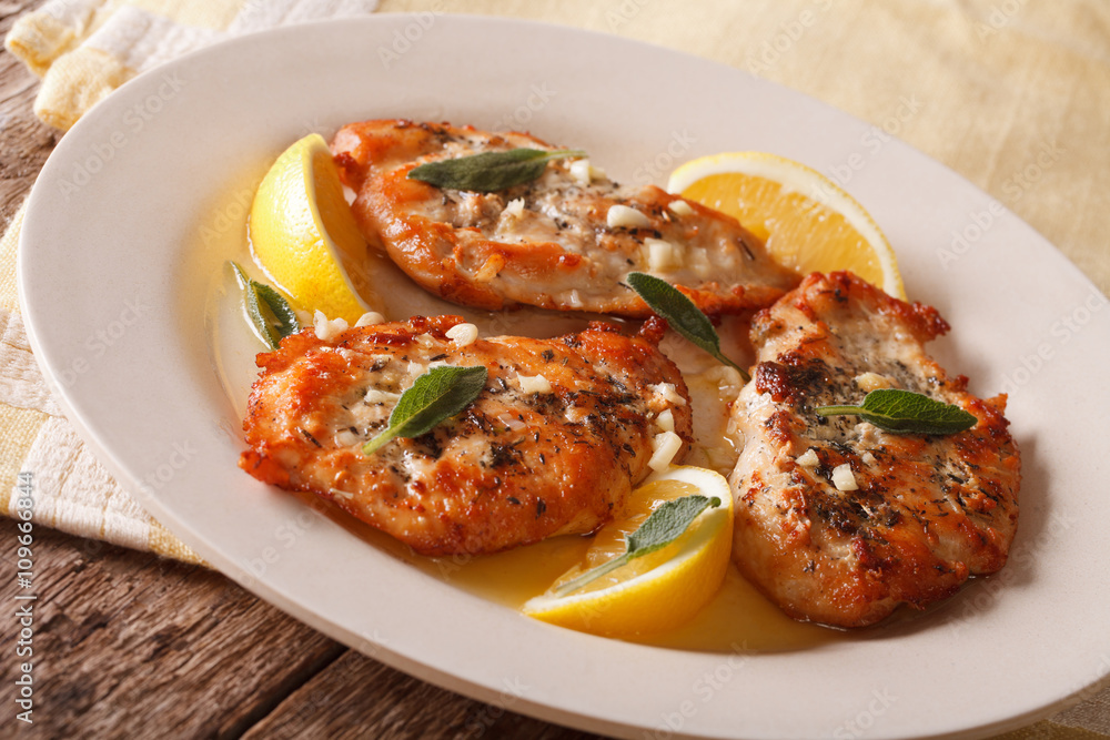 roasted chicken breast with sage, garlic and lemon close-up on a plate. horizontal
roasted chicken breast with sage, garlic and lemon close-up on a plate. horizontal