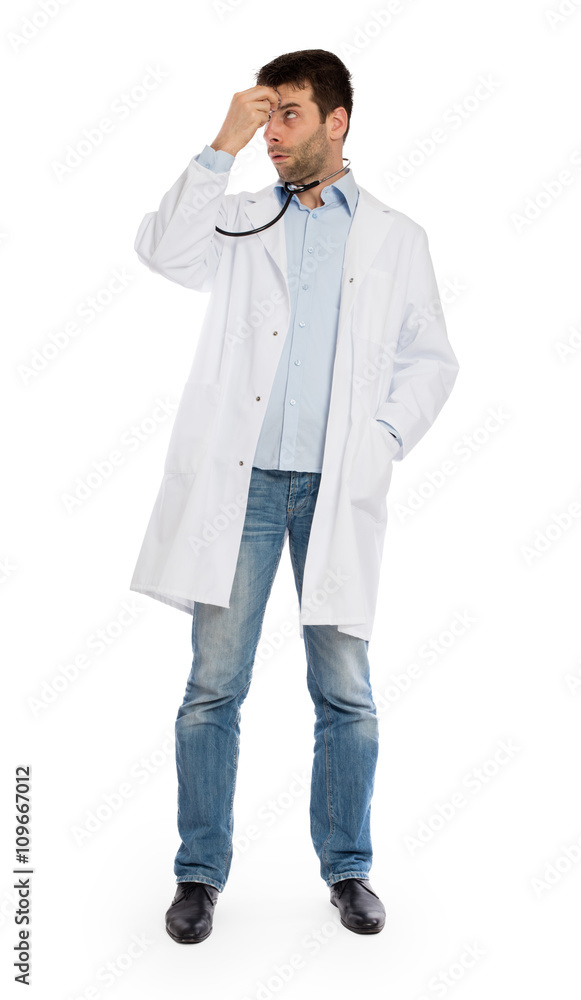 Humorous portrait of a young depressed surgeon with a stethoscop Humorous portrait of a young depressed surgeon with a stethoscop