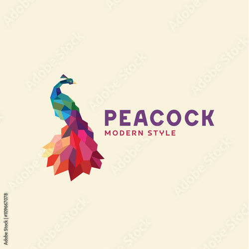 Peacock colored initial submissions to polygons design style low poly accurate side art animal quality for your business logo