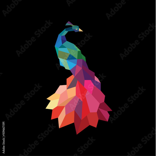 Peacock colored initial submissions to polygons design style low poly accurate side art animal quality for your business logo