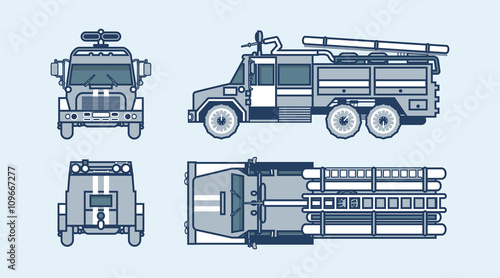 red fire engine top, front, side, back view line style