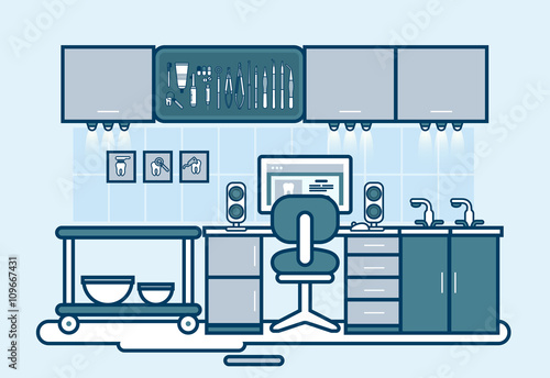 doctor office set with dental chair, cabinet of dentist, medic equipment in line style photo
