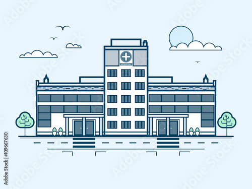 city street with contemporary multistorey hospital, modern architecture in line style