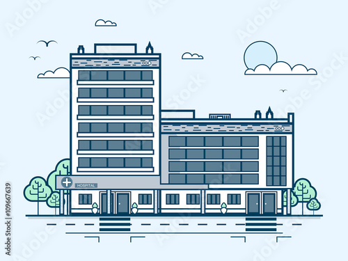 city street with contemporary multistorey hospital, modern architecture in line style