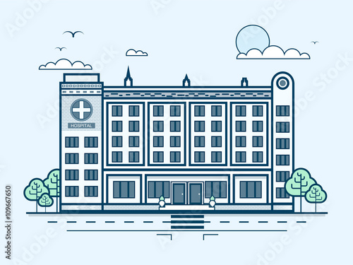city street with contemporary multistorey hospital, modern architecture in line style