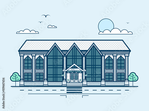 city street with multi-storey hotel, modern architecture in line style