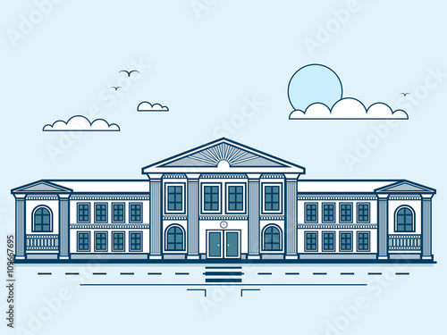 city street with institute, university, academy, educational center, classical architecture in line style