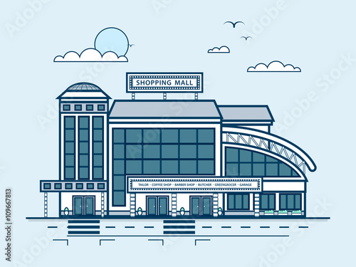 city street with Moll, shopping center, modern architecture in line style