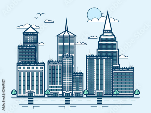 city street with skyscraper, multistorey building, modern architecture in line style