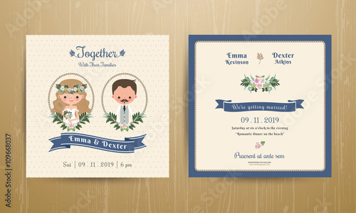 Rustic wedding cartoon bride and groom couple invitation card