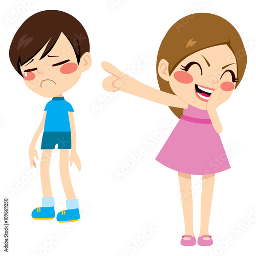 Evil little girl bullying poor sad boy kid pointing finger laughing and mocking