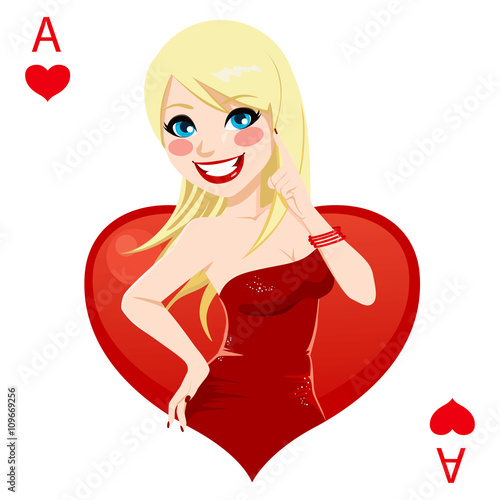 Beautiful blonde girl representing ace of hearts card from poker game