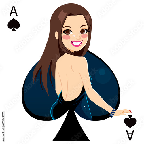 Beautiful brunette girl representing ace of spades card from poker game