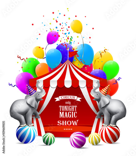 Circus background with colorful balloons, elephant, tent and gift boxes.