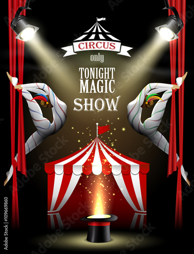 Circus background with two acrobatic girls, spotlights, tent and magician hat.