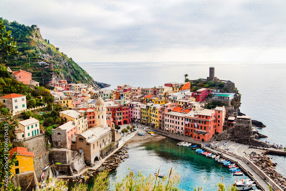 Panoramic view of Vernazza in Cinque terre, Liguria, Italy.