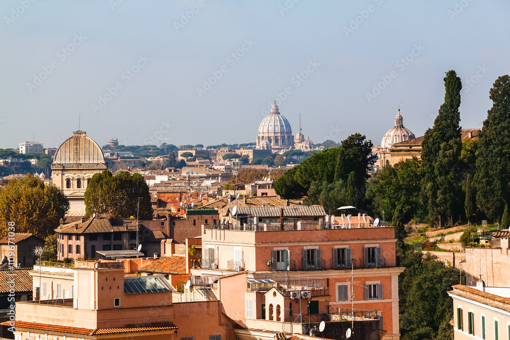 Cityscape view of central Rome taken from St Peter Basilica. Rome