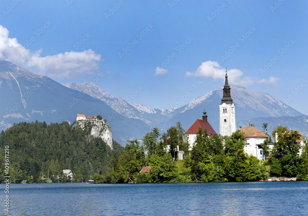 Lake Bled and Bled Island with  the pilgrimage church dedicated to the Assumption of Mary