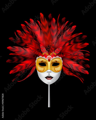 Carnival or masquerade mask with red feathers.