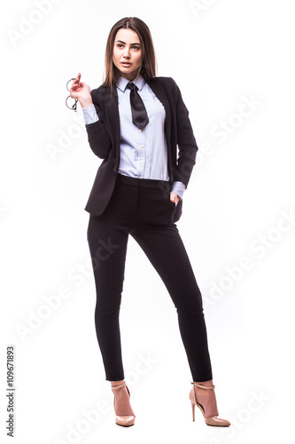 Cute young business woman with glasses on white