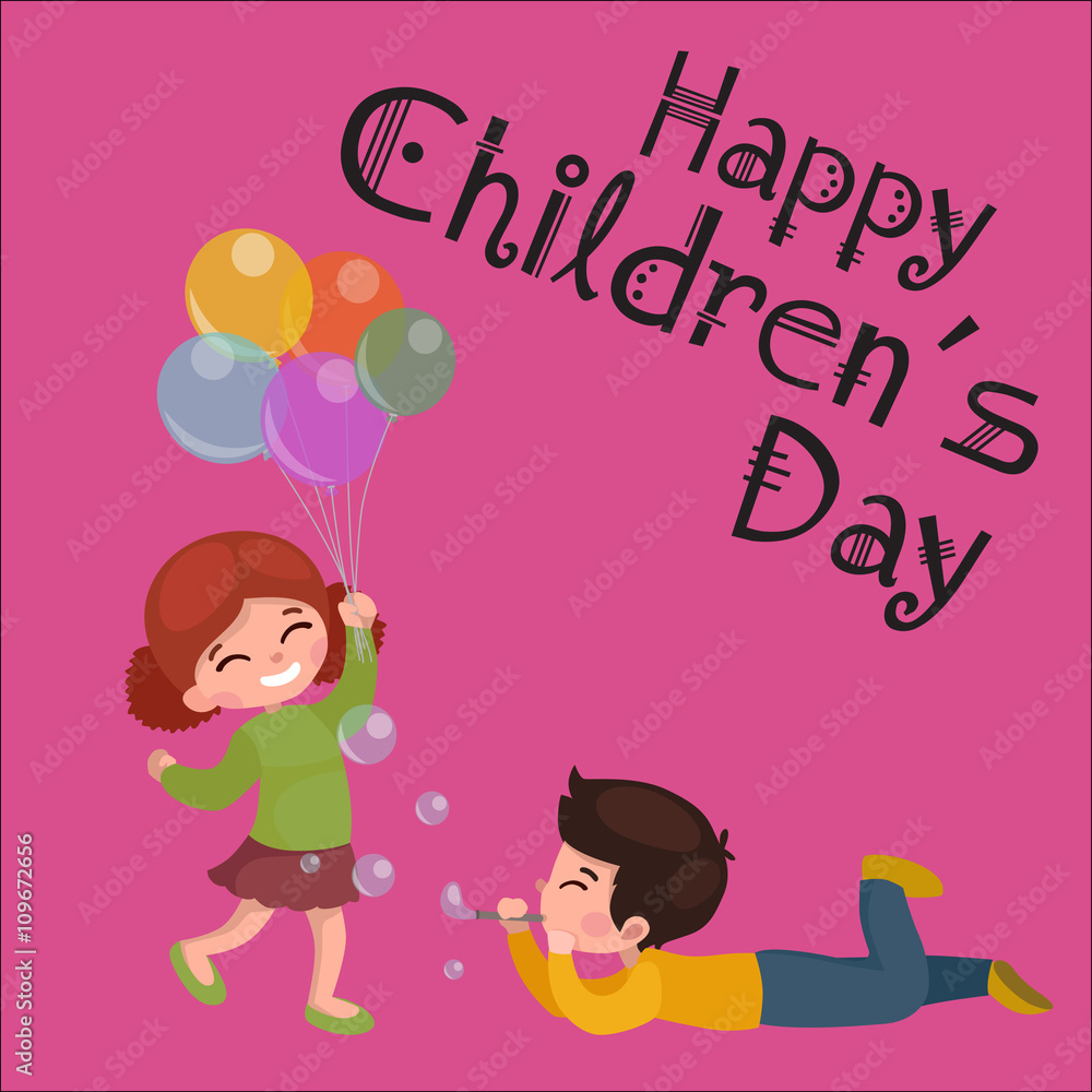 Vector illustration kids playing, greeting card happy childrens day background Vector illustration kids playing, greeting card happy childrens day background