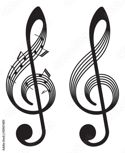 abstract musical elements, vector music element with clefs and notes, isolated on white background, treble clefs