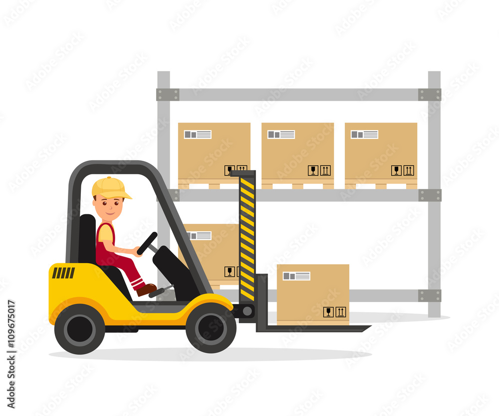 Male operator working on the forklift. Warehouse. Unloading, loading, storage and delivery of cargo.