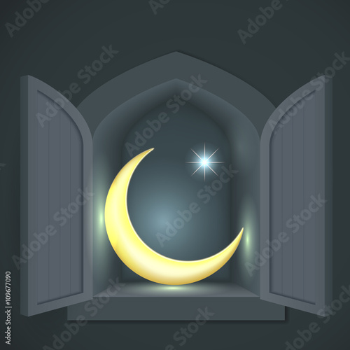 Islamic crescent and star in a wall alcove or closet at night.