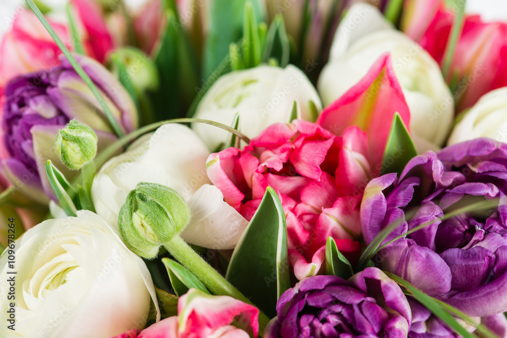 Fototapeta premium close-up of beautiful delicate bouquet (peony, tulip, buttercup)