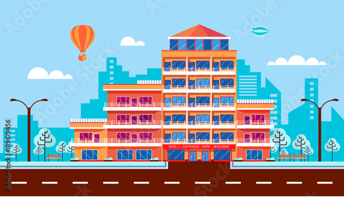 city street with hotel, apartments, apartment building, guesthouse, modern architecture in flat style