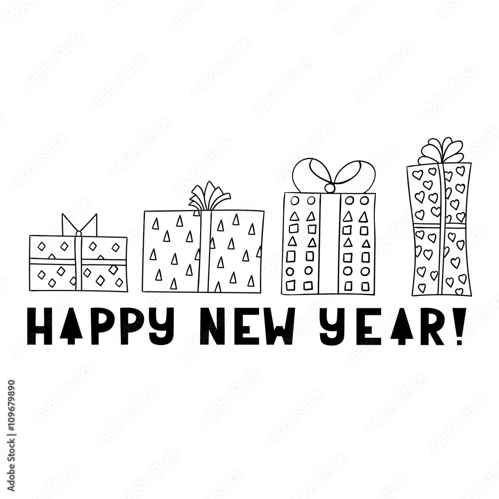 Obraz premium Cute greeting card with cute giftboxes. Happy new year!