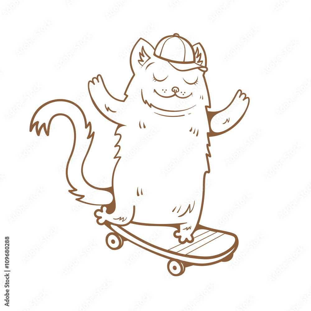 Card with cute cartoon cat on a skateboard. Cat in baseball cap. Vector  image. Children's illustration. Transparent background. Contour image.  Stock Vector | Adobe Stock