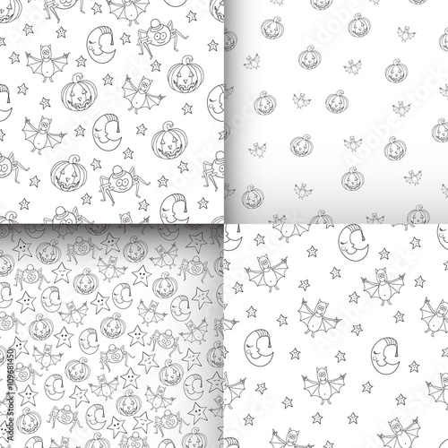 Set of fantastic unusual seamless halloween patterns with pumpki