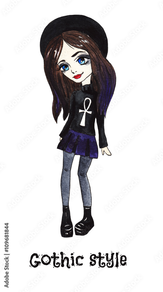 Gothic style. Sweet girl in a black hat, the doll on white background. Watercolor illustration