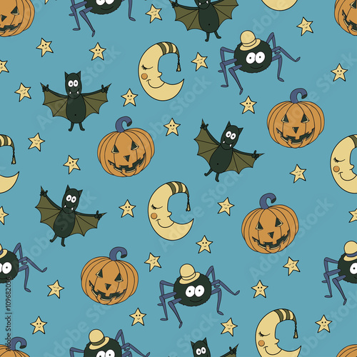 Fantastic unusual seamless halloween pattern with pumpkins, bats
