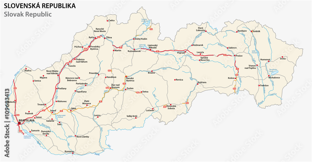 road map of Slovak republic with main roads