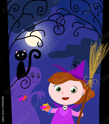 Girl with sorceress costume and a funny monster trying to steal her the candies.