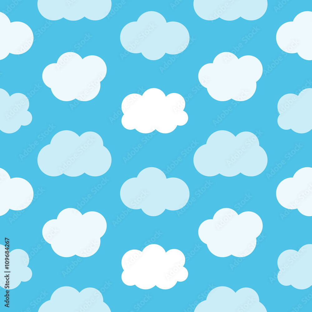 Flat design cute blue sky with clouds seamless pattern background.
