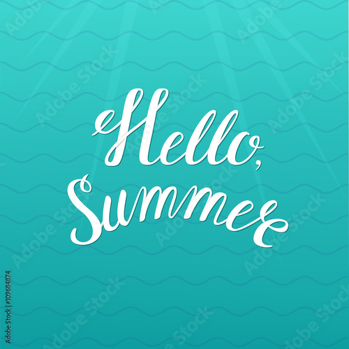 Hello summer hand drawn lettering quote on a wave background