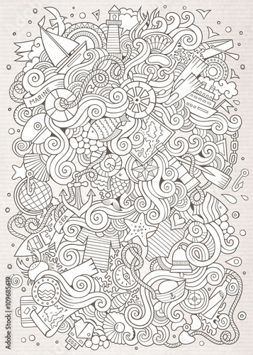 Cartoon hand-drawn doodles nautical, marine illustration