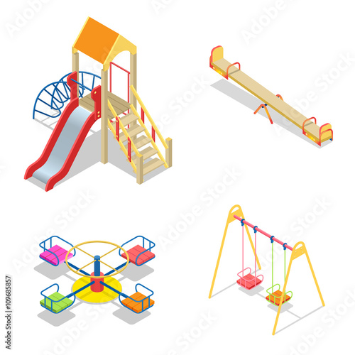 Playground. Playground slide theme elements. Isometric kids playground icons set. Flat 3d vector isometric high quality playground icon set